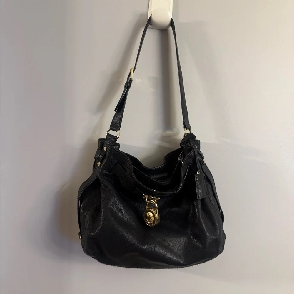 Michael Kors Black Leather Hobo Shoulder Bag | Gold Hardware | MK Logo